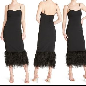 NEW Monique Lhuillier black feather midi dress size 4
